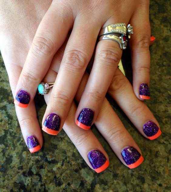 orange tips and purple glitter nails