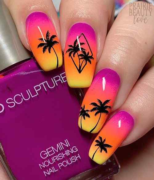 palm tree designs with neon orange and purple nails