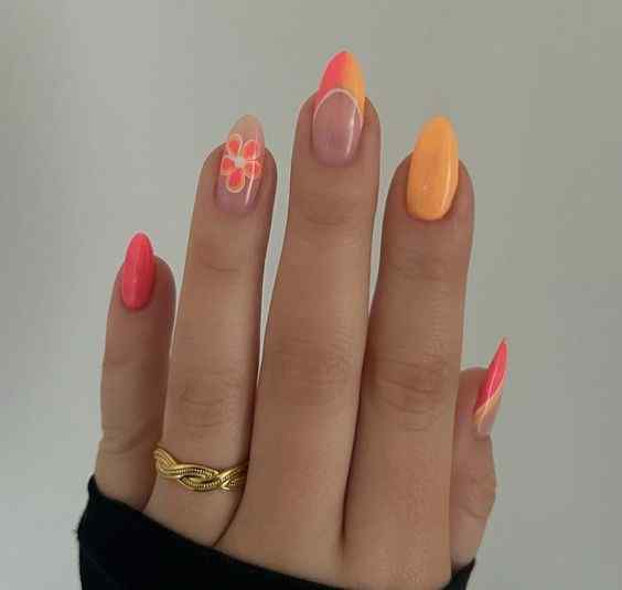 lovely flower on nude with pastel summer orange and pink nails