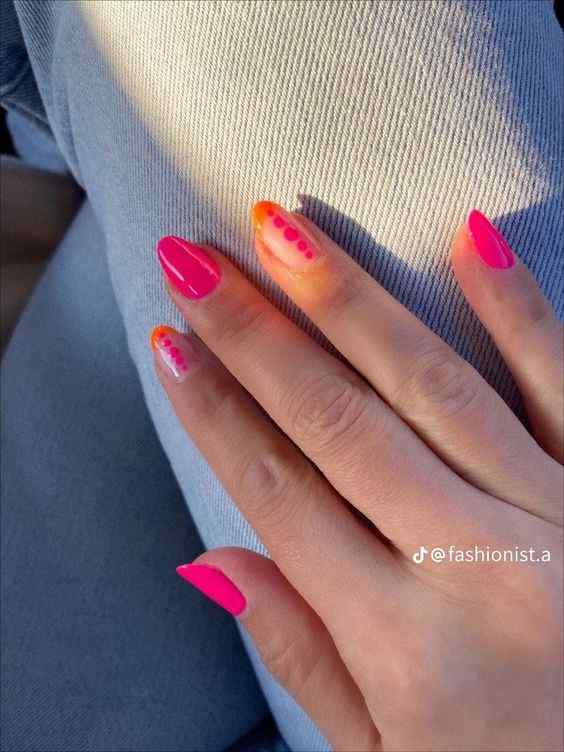 nude with polka dots summer orange and pink nails