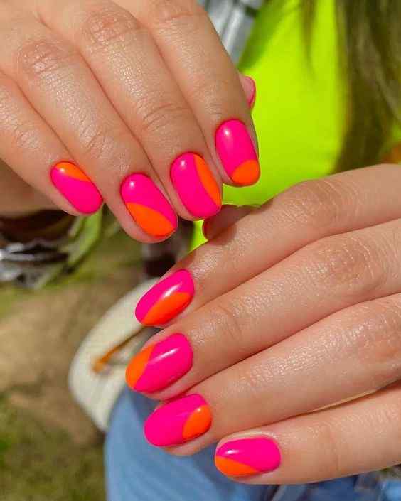 cute round shape summer orange and pink nails