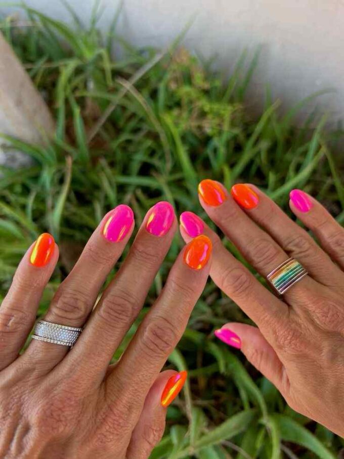 beautiful chrome short summer orange and pink nails