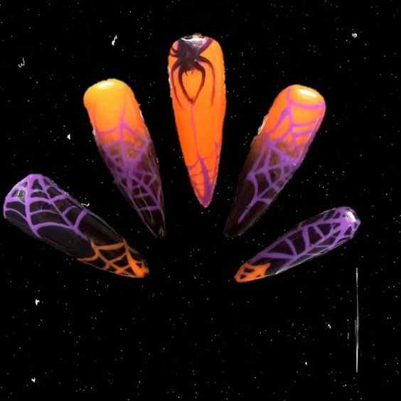 spider web designs orange and purple nails
