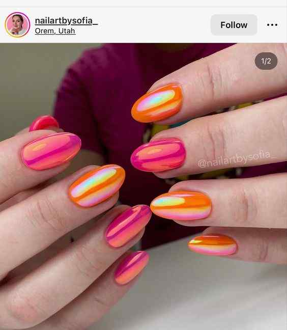 double-shaded summer orange and pink chrome nails