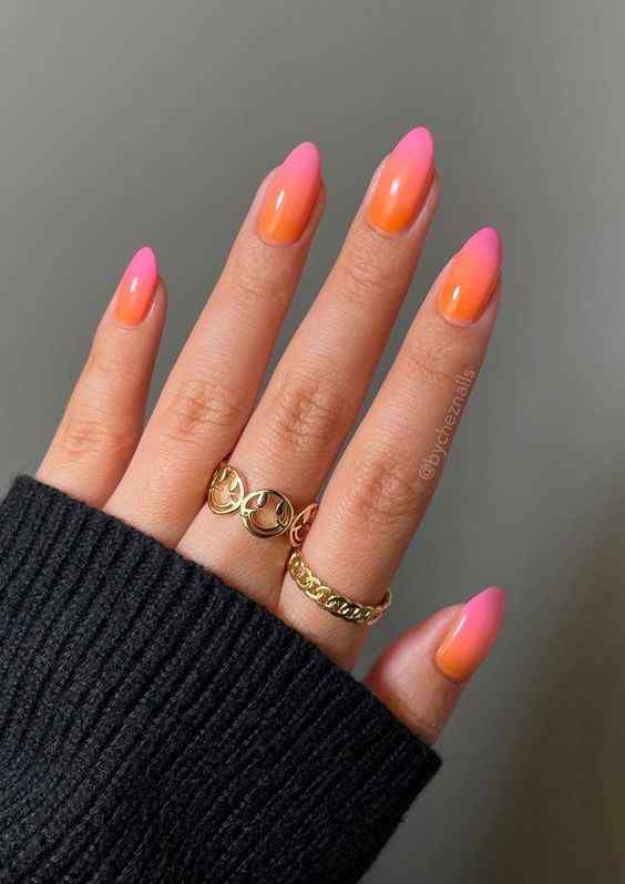 round tip ombre summer orange and pink nails