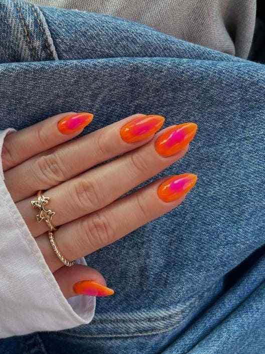 summer pink and orange splatter nails