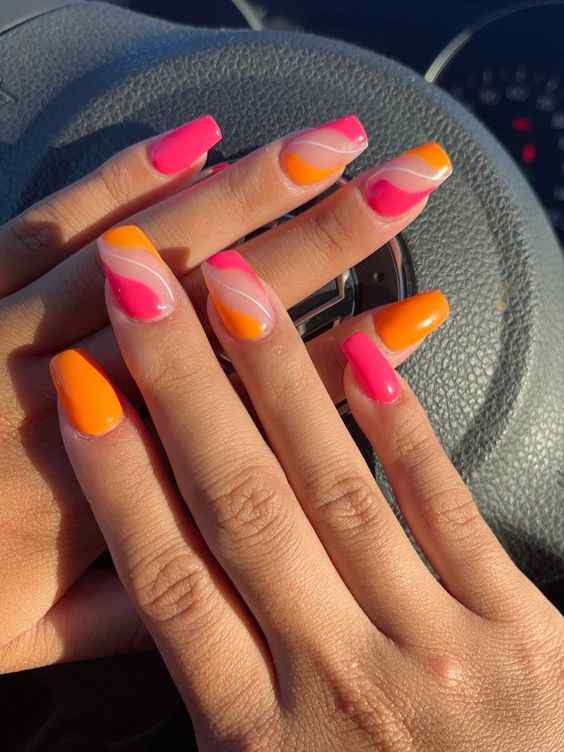 trendy square summer orange and pink nails