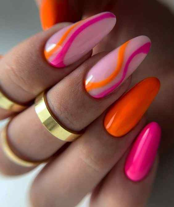 glossy soft swirly summer orange and pink nails