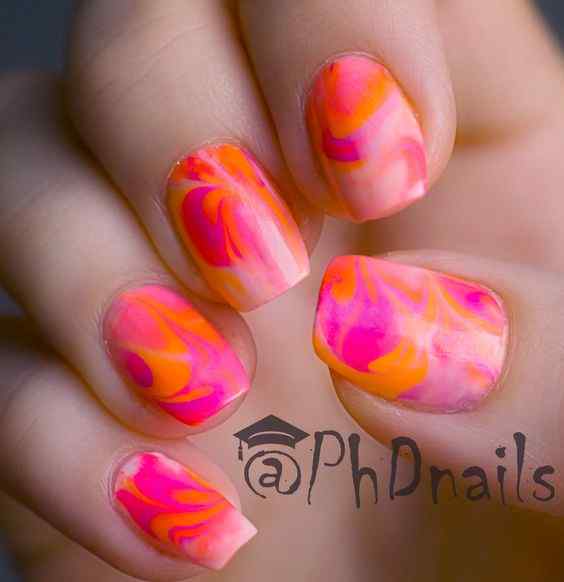 watercolor summer orange and pink nails