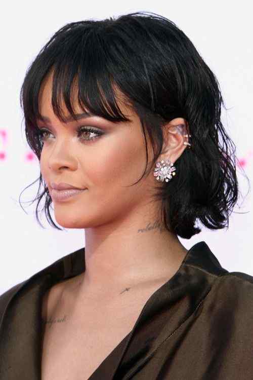 Rihanna short layered shaggy bob with front bangs hairstyle