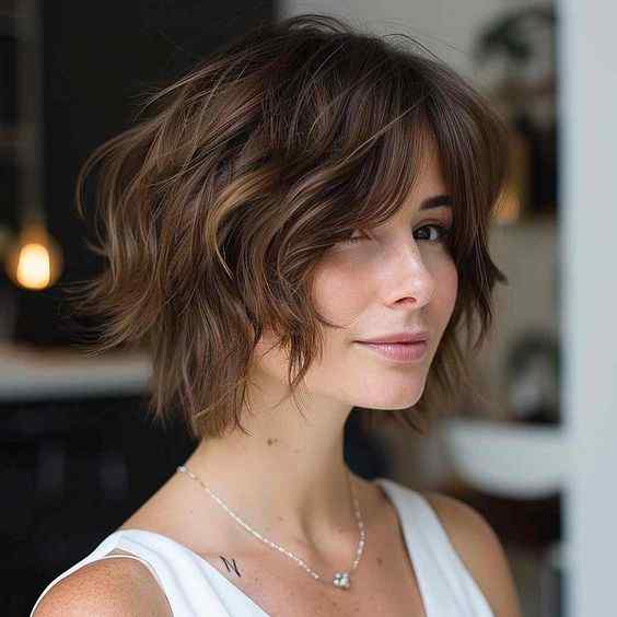 cute brunette shaggy bob layered short hairstyle 