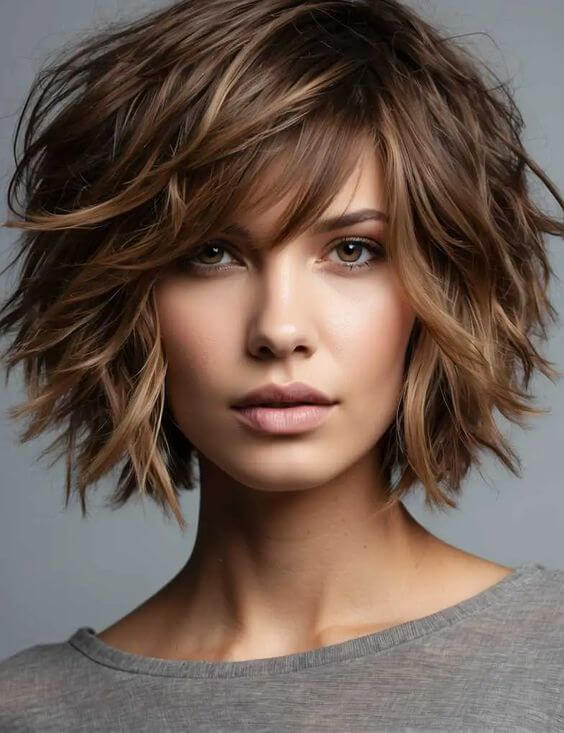 straight bob with heavy layered shaggy hairstyle 