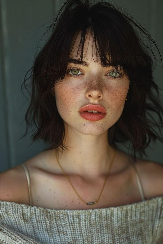 short layered shaggy bob with bang hairstyle