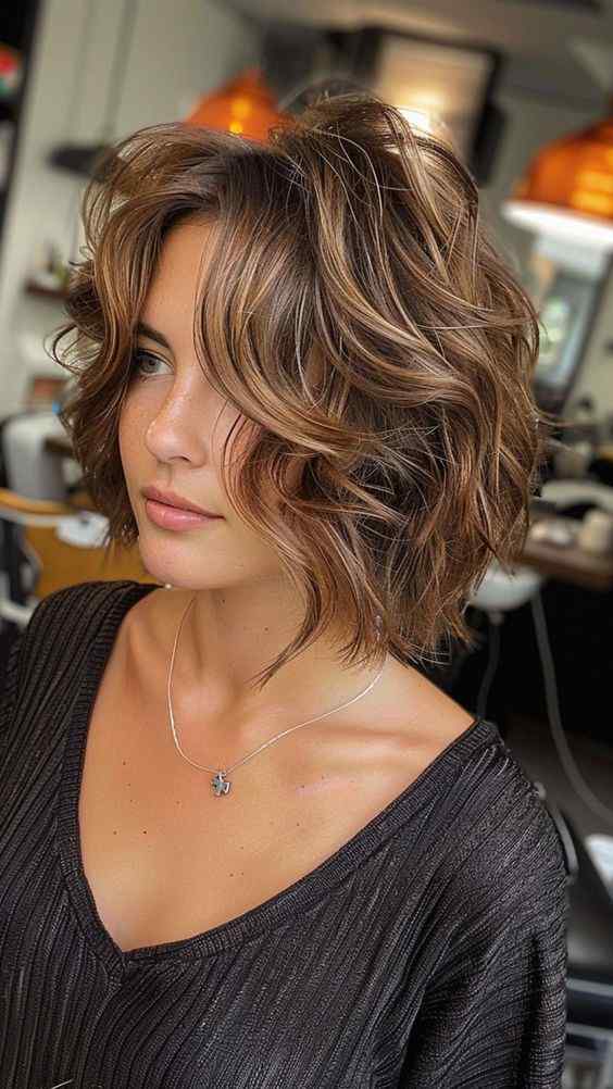 wavy brown shaded short layered shaggy bob hairstyle 