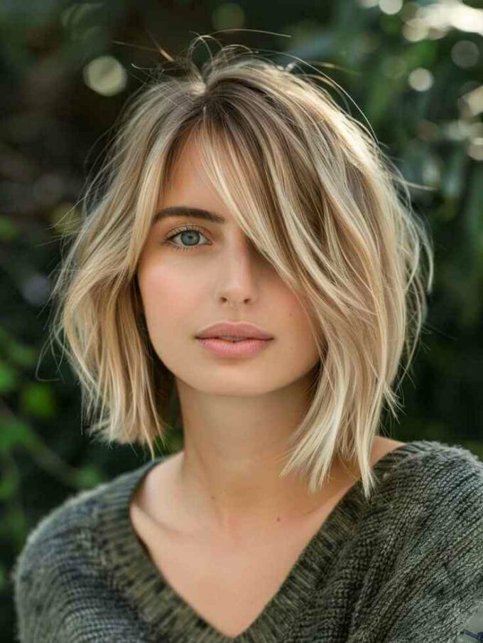 brown roots asymmetrical bob haircut for blonde girls