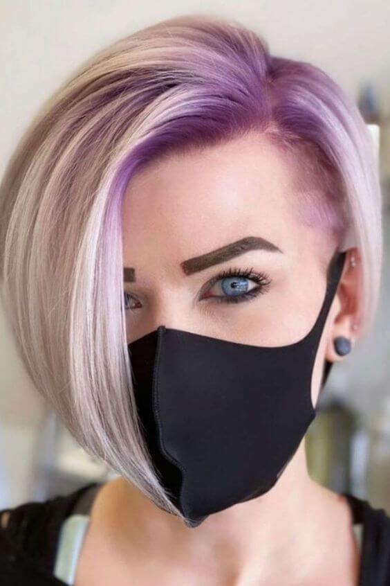 purple roots side undercut silver asymmetrical bob haircut