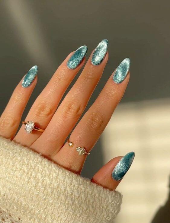 pretty looking velvet light blue cat eye nail art designs 