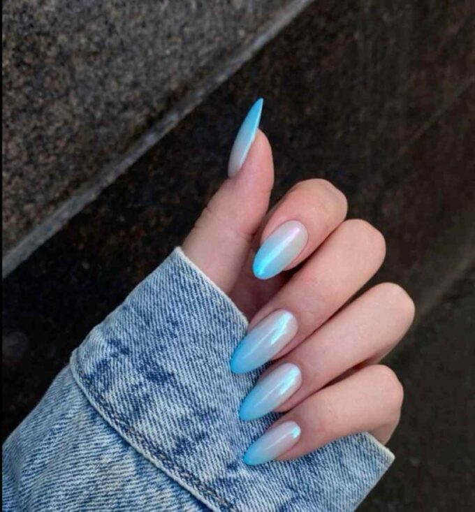 white shiny chromatic color with light blue nail designs 