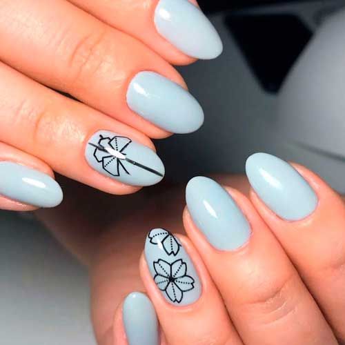 outline black flowers art with light blue round short nails designs