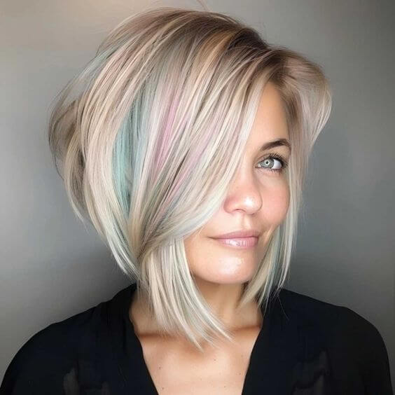 pink and blue highlights asymmetrical bob haircut