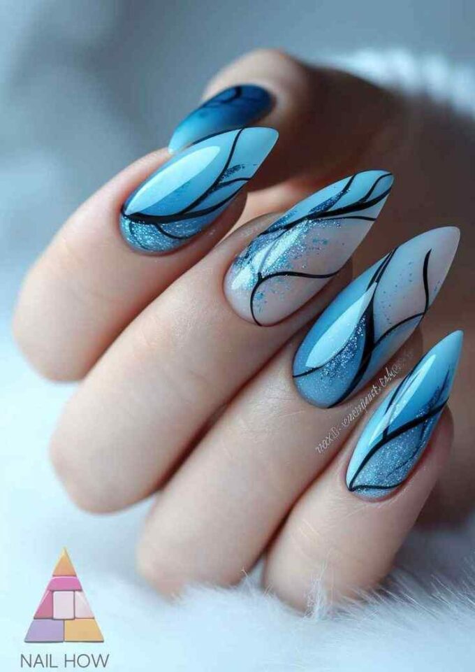 black tree branches glittery art long acrylic light blue nail designs