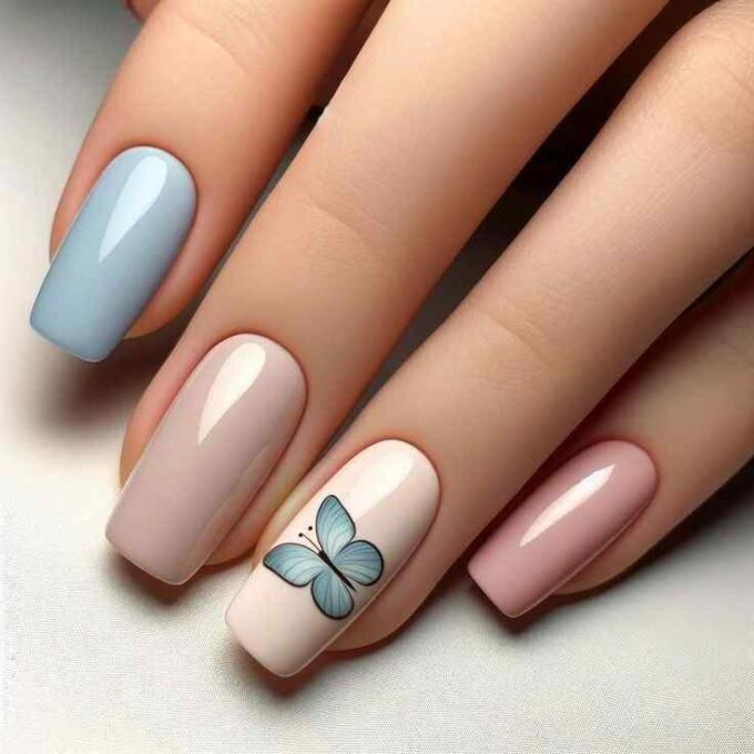 butterfly art with pastel pink and light blue nail designs