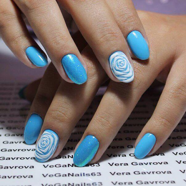 white rose effect with short light blue nail designs
