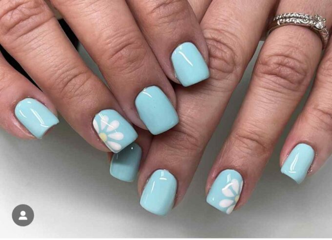 flower art with short square glossy light blue nails designs