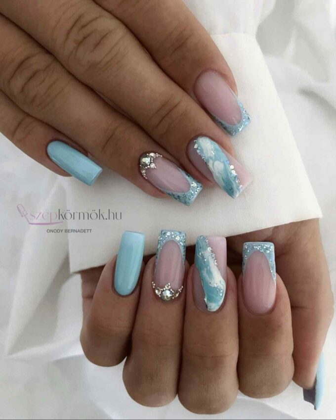 rhinestones with cloudy square acrylic light blue nails designs 
