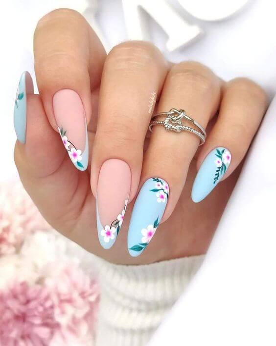 summer acrylic with flowers pink and light blue nail designs 