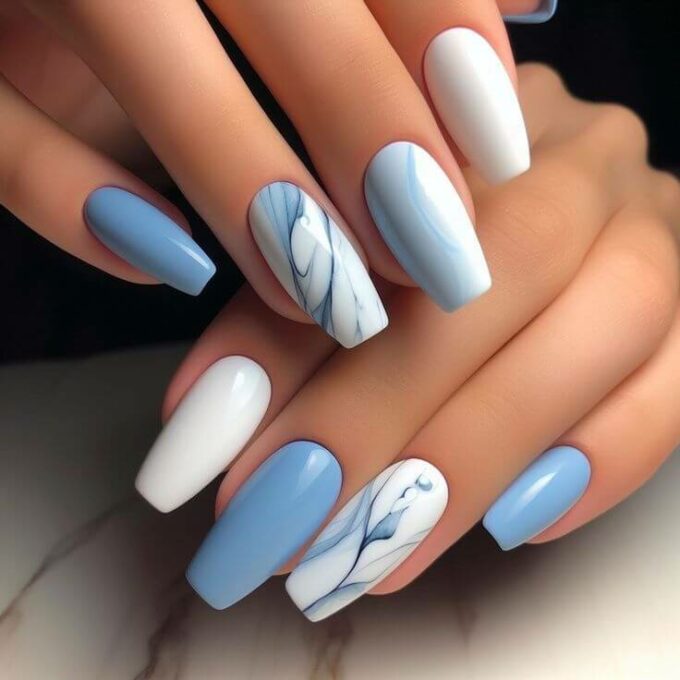 sleek white and light blue marble acrylic nails designs 