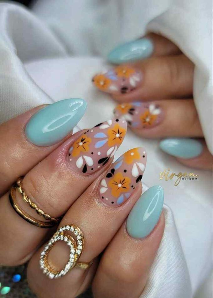 nude with yellow floral and light blue nails designs