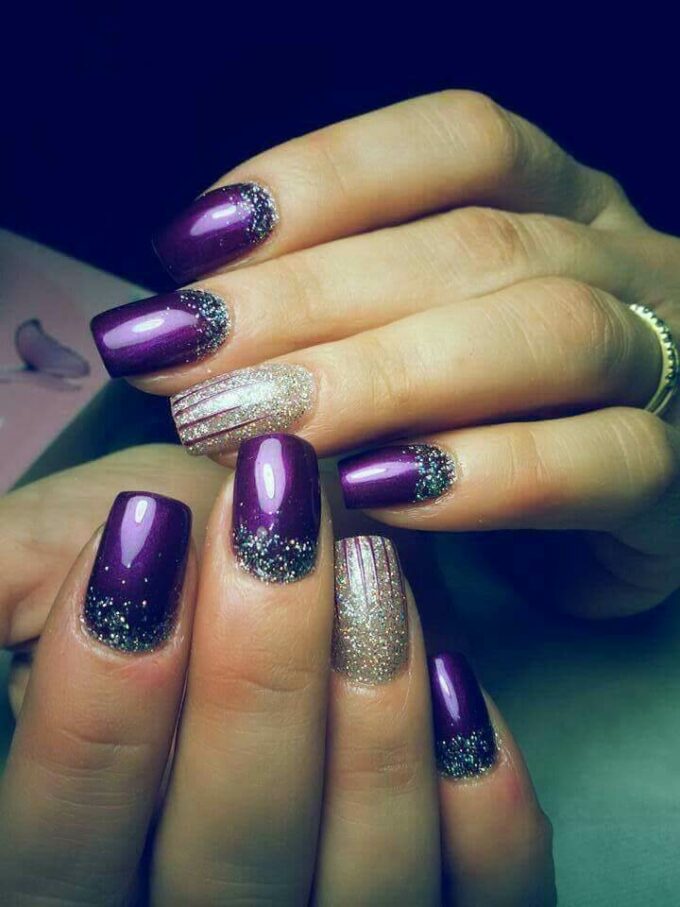 square deep purple and silver glam nails art