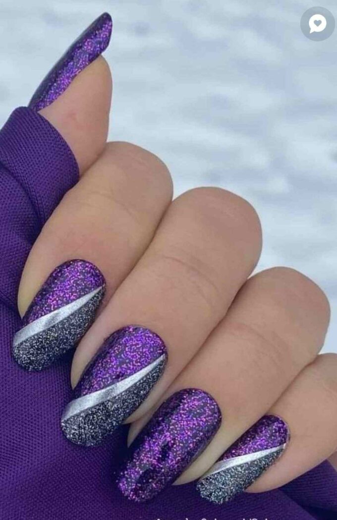 round deep purple and silver glitter and lines nails art designs