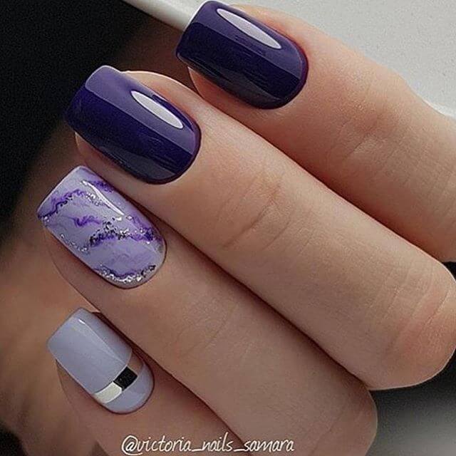 lavender with marble effect purple and silver accent nails art