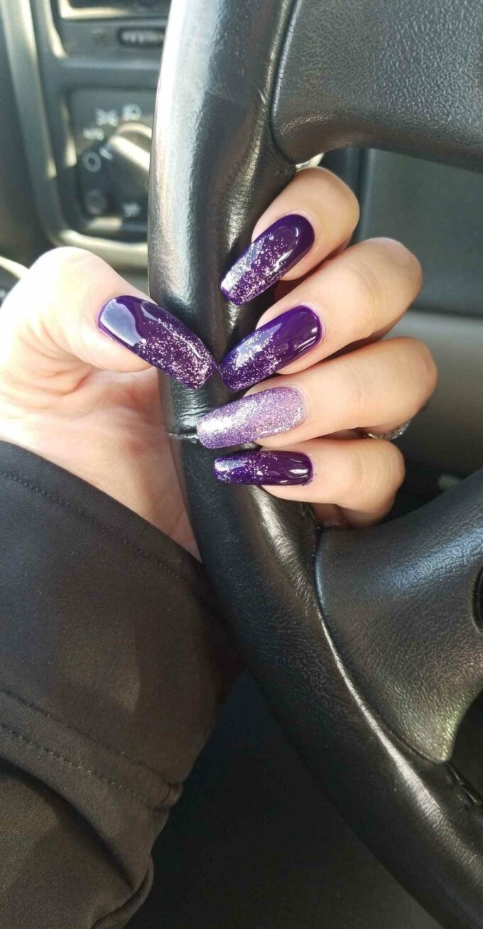 long acrylic purple and silver glitter nails art