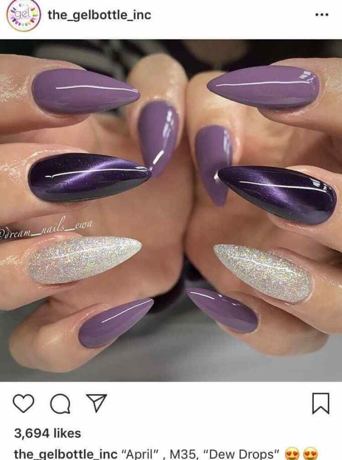 acrylic multi shade purple and silver glitter nails art