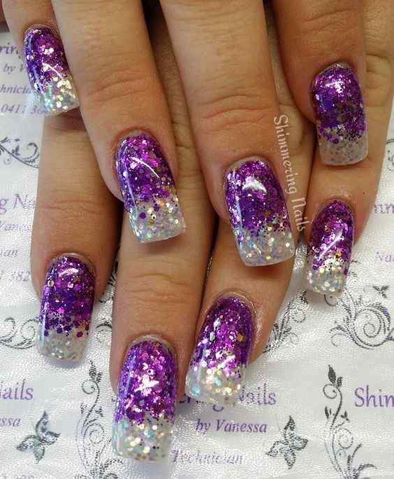 square purple and silver sequins nails art