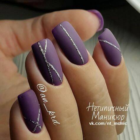 matte purple and silver glitter line nails designs