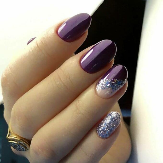 shiny purple and silver glitter nails art designs