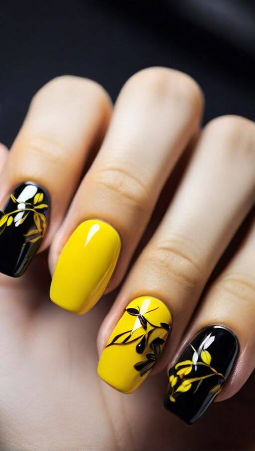 black and yellow with leaves nail art designs