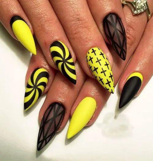 swirls-crosses with lace black and yellow nails art designs