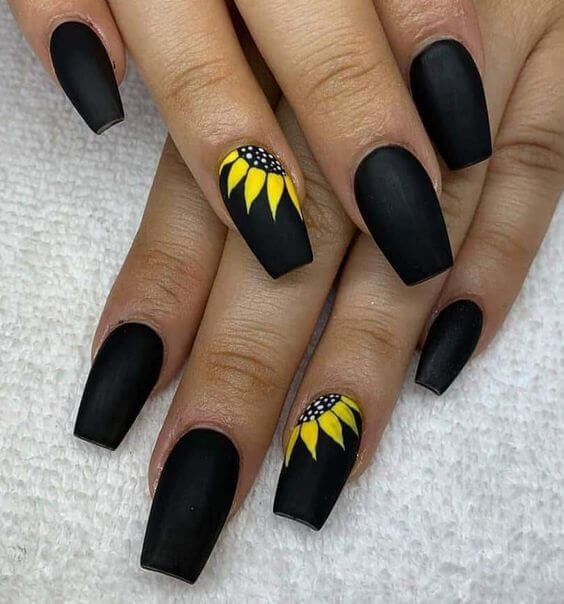 matte black and yellow sunflower nails designs