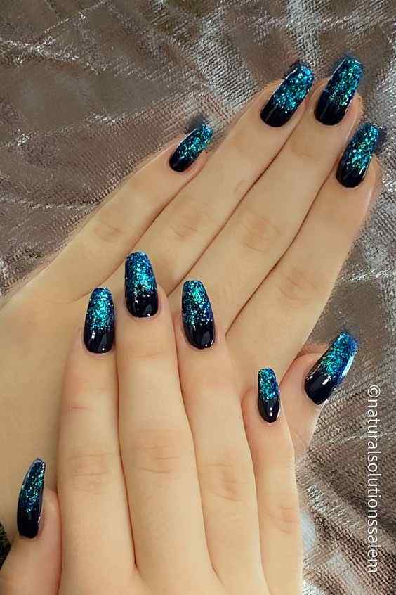 confetti glitter blue and black nails art designs