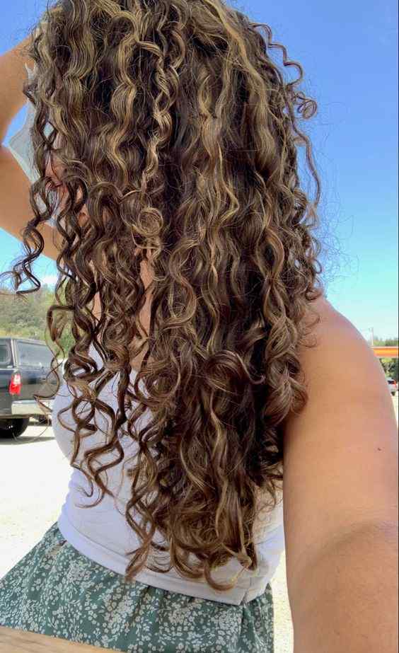long natural curly hair with brown highlights 