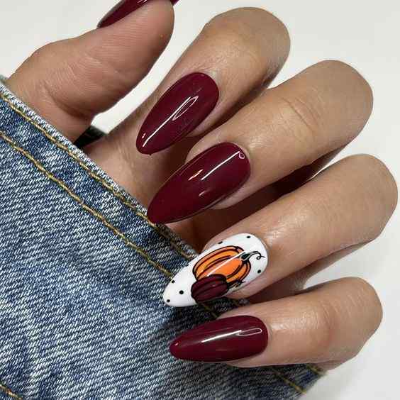 fall maroon and white with pumpkin nail art designs for halloween