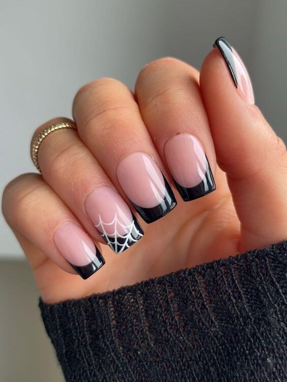 black french tip spider web short nail art design for halloween