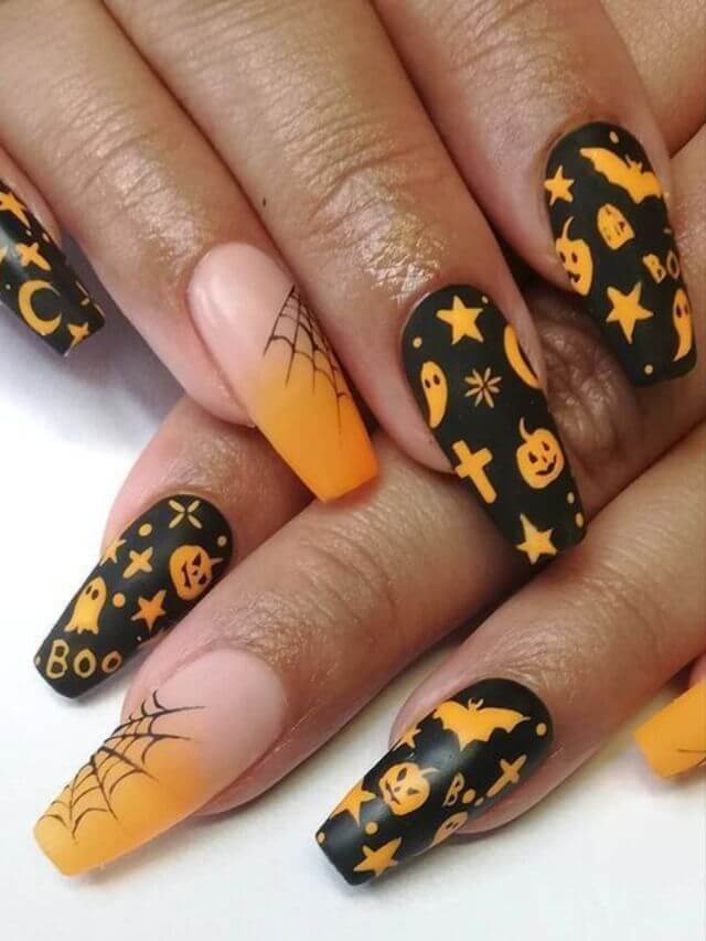 halloween pumpkin and stickers nails art designs