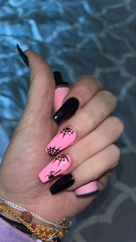 spider web black and pink halloween nail art designs