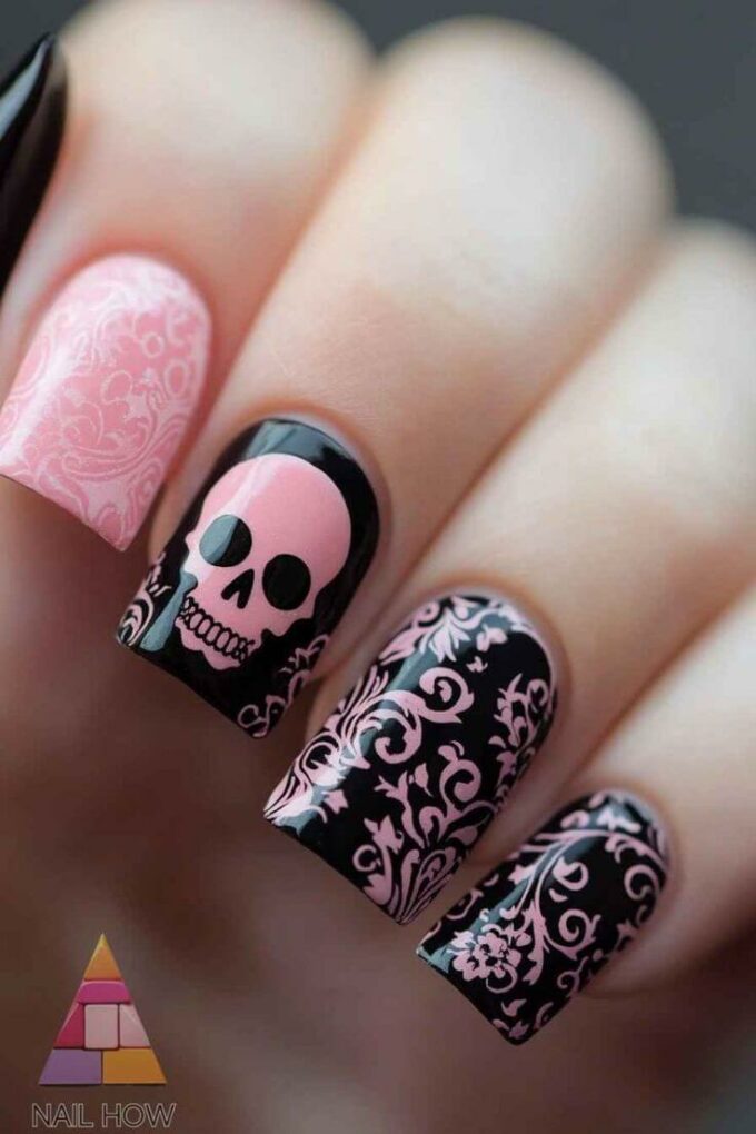 short acrylic black and pink halloween stickers nail art designs